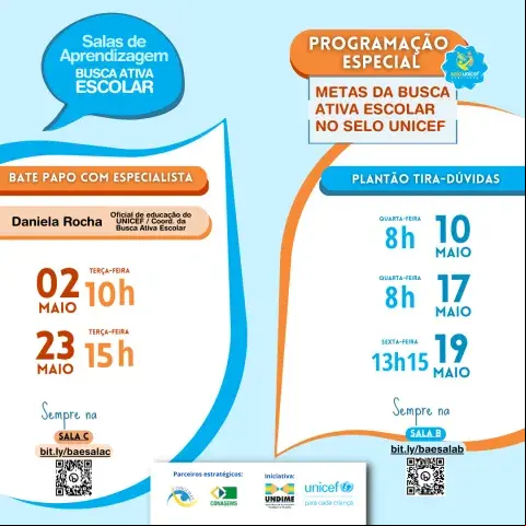 Imagem mostra a programação:   * 02/05 (terça-feira), às 10h: Bate papo com Especialista. / 10/05 (quarta-feira) 8h: Plantão tira-dúvida. / 17/05 (quarta-feira) 8h: Plantão tira-dúvida. / 19/05 (sexta-feira) 13h15: Plantão tira-dúvida. /  23/05 (terça-feira), às 15h: Bate papo com Especialista